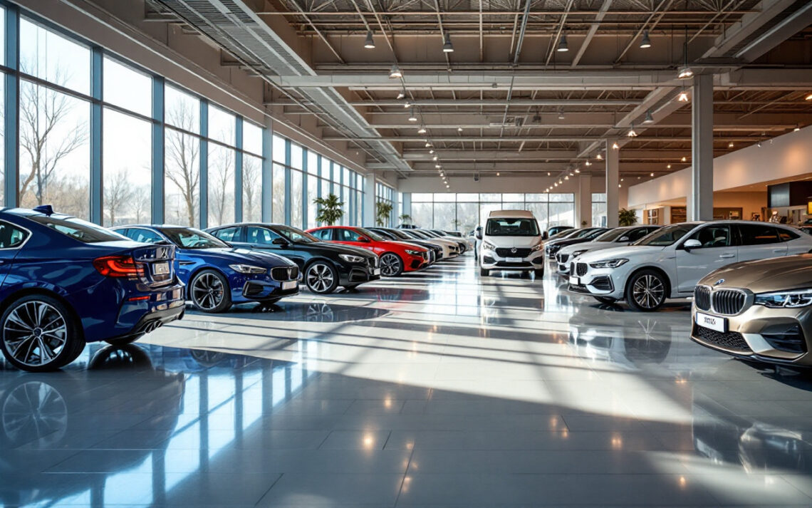 Une vue intérieure d'un showroom de voitures d'occasion en Allemagne, avec plusieurs voitures exposées dans un environnement lumineux et accueillant.