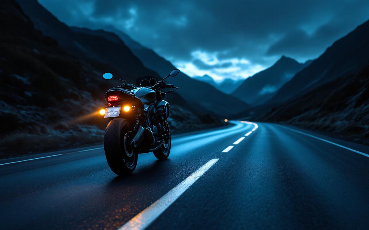 Une moto sur une route de montagne sombre au crépuscule, feux auxiliaires LED allumés illuminant la chaussée humide, reflets sur l'asphalte, léger brouillard volumétrique et ambiance cinématographique.