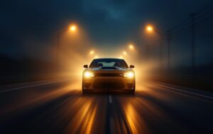 Photo réaliste d'une voiture roulant de nuit sur une route humide, phares longue portée puissants projetant des faisceaux volumétriques à travers une légère brume, reflets sur l'asphalte, atmosphère sombre avec accents chauds des phares.