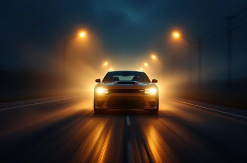 Photo réaliste d'une voiture roulant de nuit sur une route humide, phares longue portée puissants projetant des faisceaux volumétriques à travers une légère brume, reflets sur l'asphalte, atmosphère sombre avec accents chauds des phares.