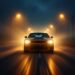 Photo réaliste d'une voiture roulant de nuit sur une route humide, phares longue portée puissants projetant des faisceaux volumétriques à travers une légère brume, reflets sur l'asphalte, atmosphère sombre avec accents chauds des phares.