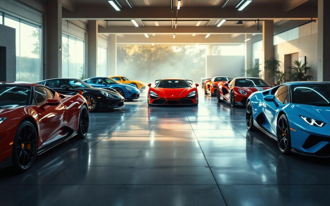 Garage automobile haut de gamme avec plusieurs supercars alignées, éclairage cinématographique doux et ambiance éditoriale, reflets nets sur les carrosseries.
