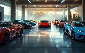 Garage automobile haut de gamme avec plusieurs supercars alignées, éclairage cinématographique doux et ambiance éditoriale, reflets nets sur les carrosseries.
