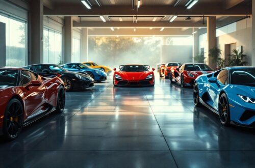 Garage automobile haut de gamme avec plusieurs supercars alignées, éclairage cinématographique doux et ambiance éditoriale, reflets nets sur les carrosseries.