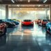 Garage automobile haut de gamme avec plusieurs supercars alignées, éclairage cinématographique doux et ambiance éditoriale, reflets nets sur les carrosseries.