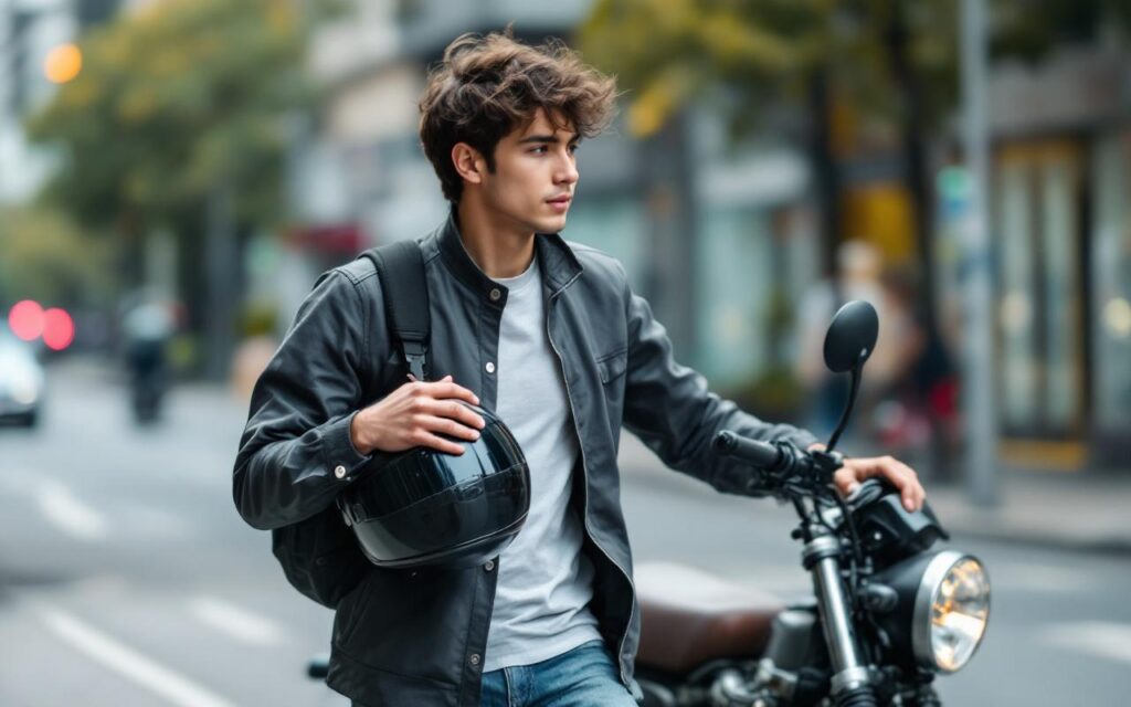 Jeune homme motard près de sa moto urbaine, tenant son casque à la main, ambiance pratique et budget maîtrisé, éclairage naturel et scène documentaire réaliste.