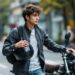 Jeune homme motard près de sa moto urbaine, tenant son casque à la main, ambiance pratique et budget maîtrisé, éclairage naturel et scène documentaire réaliste.