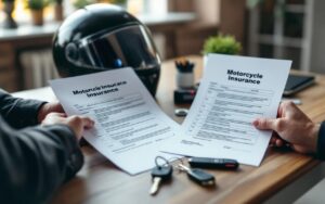 Motard comparant des devis d’assurance moto sur une table, avec un casque et des clés posés à côté.