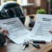 Motard comparant des devis d’assurance moto sur une table, avec un casque et des clés posés à côté.