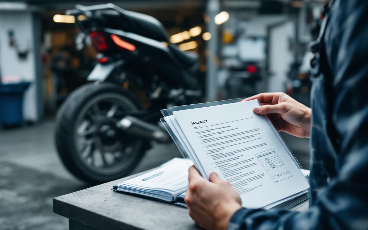 Moto garée devant un garage, avec des documents d’assurance soigneusement rangés sur un établi dans une ambiance sobre et informative.