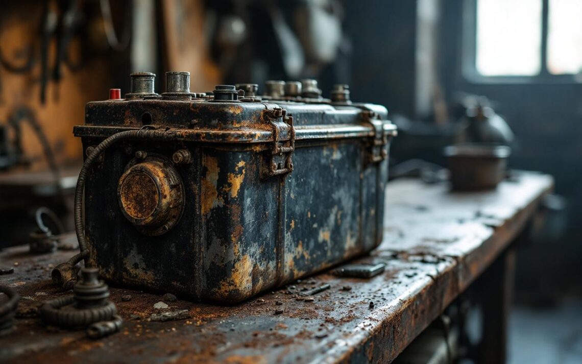 Photo réaliste d’une batterie de moto usagée posée sur un établi de ferrailleur dans un atelier mécanique, avec éclairage naturel et textures abîmées visibles.