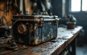 Photo réaliste d’une batterie de moto usagée posée sur un établi de ferrailleur dans un atelier mécanique, avec éclairage naturel et textures abîmées visibles.