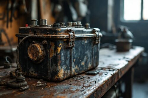 Photo réaliste d’une batterie de moto usagée posée sur un établi de ferrailleur dans un atelier mécanique, avec éclairage naturel et textures abîmées visibles.