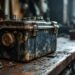 Photo réaliste d’une batterie de moto usagée posée sur un établi de ferrailleur dans un atelier mécanique, avec éclairage naturel et textures abîmées visibles.
