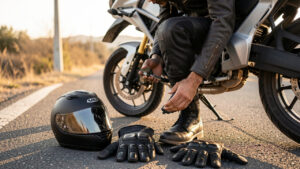 Moto garée au bord de la route avec casque et gants posés, vérification visuelle avant le départ.