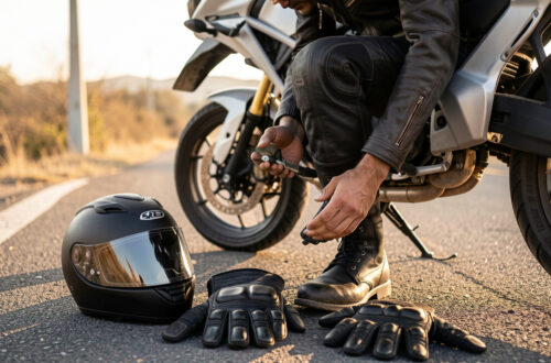 Moto garée au bord de la route avec casque et gants posés, vérification visuelle avant le départ.