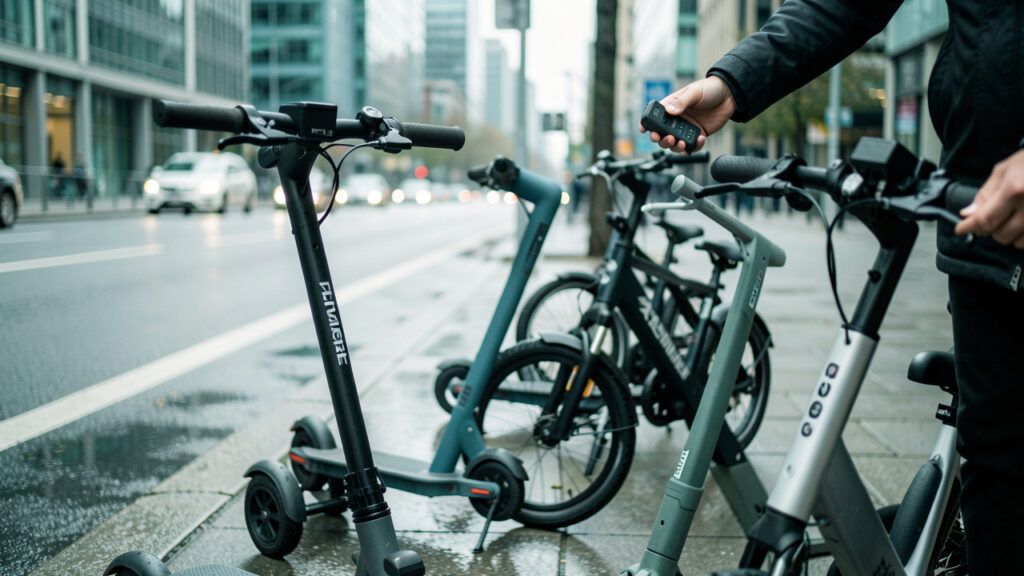 Un usager urbain compare plusieurs mobilités électriques légères le long d’une rue moderne, en observant attentivement scooters et vélos électriques.