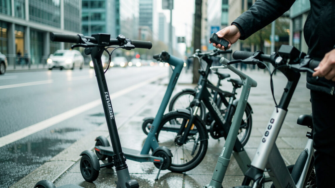 Un usager urbain compare plusieurs mobilités électriques légères le long d’une rue moderne, en observant attentivement scooters et vélos électriques.
