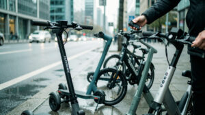 Un usager urbain compare plusieurs mobilités électriques légères le long d’une rue moderne, en observant attentivement scooters et vélos électriques.