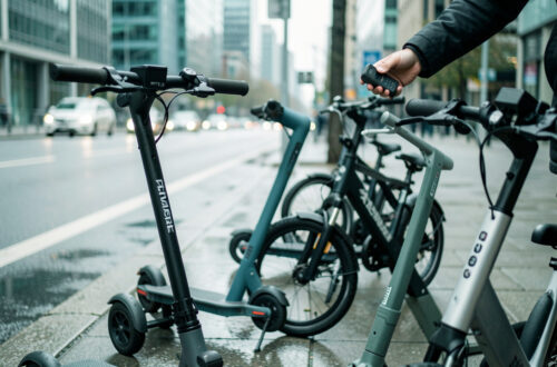 Un usager urbain compare plusieurs mobilités électriques légères le long d’une rue moderne, en observant attentivement scooters et vélos électriques.