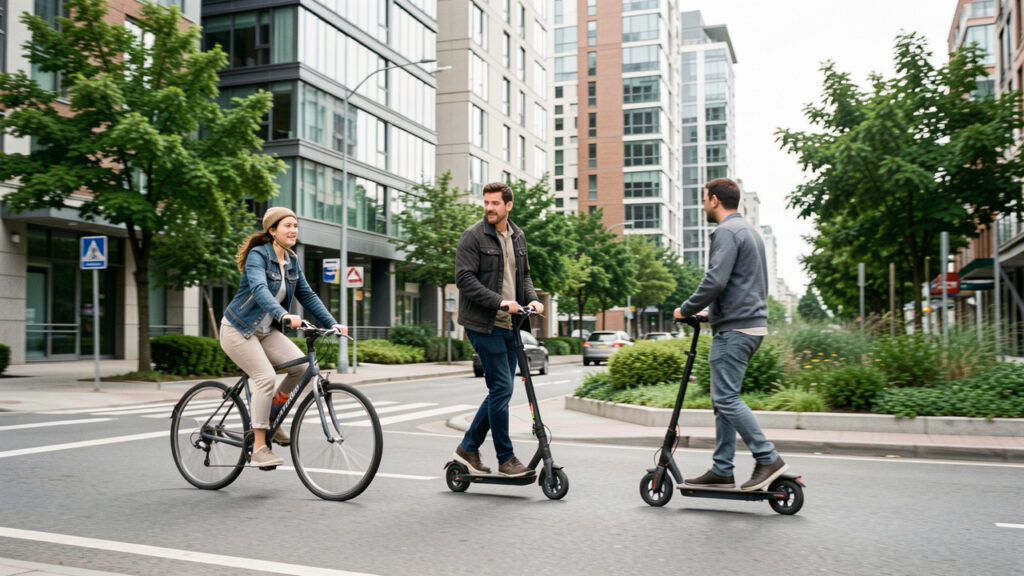 Rue moderne avec des usagers en mobilité urbaine : une femme à vélo, un homme en trottinette et un homme en scooter électrique, en déplacement au milieu des bâtiments contemporains.
