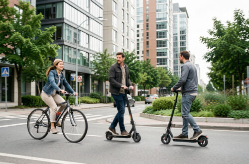 Rue moderne avec des usagers en mobilité urbaine : une femme à vélo, un homme en trottinette et un homme en scooter électrique, en déplacement au milieu des bâtiments contemporains.
