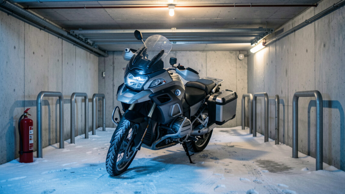 Moto stationnée et sécurisée dans un garage collectif pendant l’hiver, avec dispositifs de protection contre le vol et l’incendie.