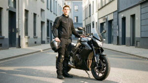 Jeune homme équipé d'une tenue de motard debout devant sa moto, casque à la main, dans une rue urbaine sobre éclairée par la lumière matinale.