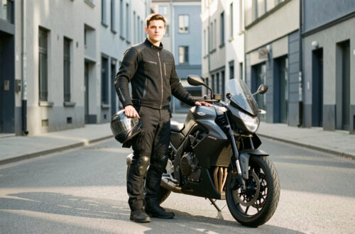 Jeune homme équipé d'une tenue de motard debout devant sa moto, casque à la main, dans une rue urbaine sobre éclairée par la lumière matinale.