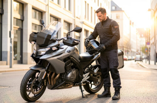 Un homme équipé d'une tenue de motard ajuste la bagagerie d'une moto de tourisme dans une rue urbaine lumineuse, avec son casque à la main.