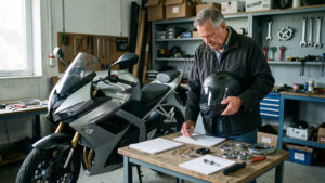 Un homme d’âge moyen se tient près de sa moto, casque à la main, et organise des pièces d’entretien, des pièces de monnaie et des documents vierges dans un garage.