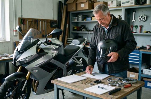 Un homme d’âge moyen se tient près de sa moto, casque à la main, et organise des pièces d’entretien, des pièces de monnaie et des documents vierges dans un garage.