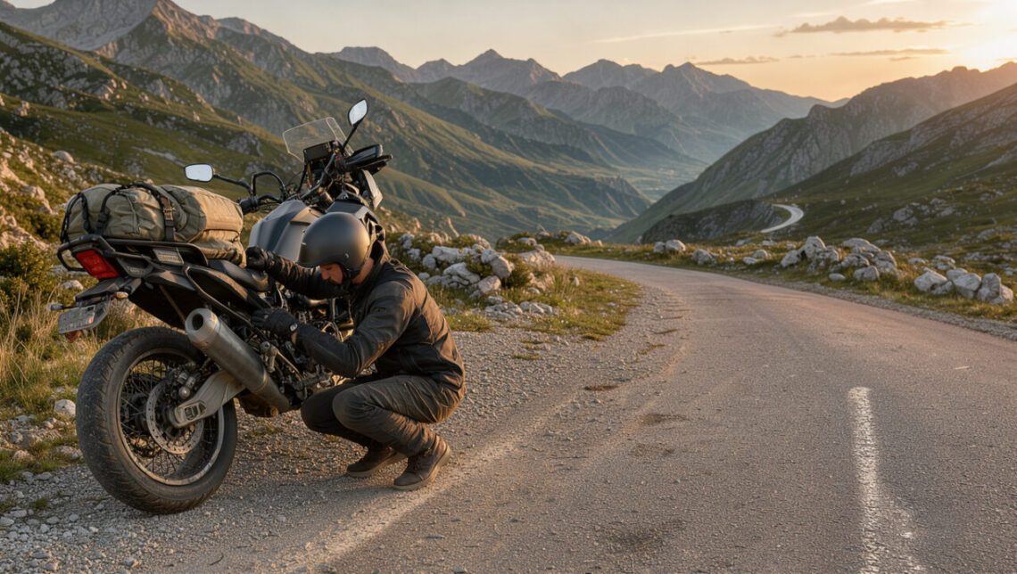 Un motard équipé fixe ses bagages près d'une moto de voyage sur une route panoramique bordée de montagnes, éclairée par une lumière dorée.