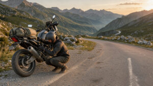 Un motard équipé fixe ses bagages près d'une moto de voyage sur une route panoramique bordée de montagnes, éclairée par une lumière dorée.