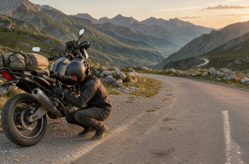 Un motard équipé fixe ses bagages près d'une moto de voyage sur une route panoramique bordée de montagnes, éclairée par une lumière dorée.