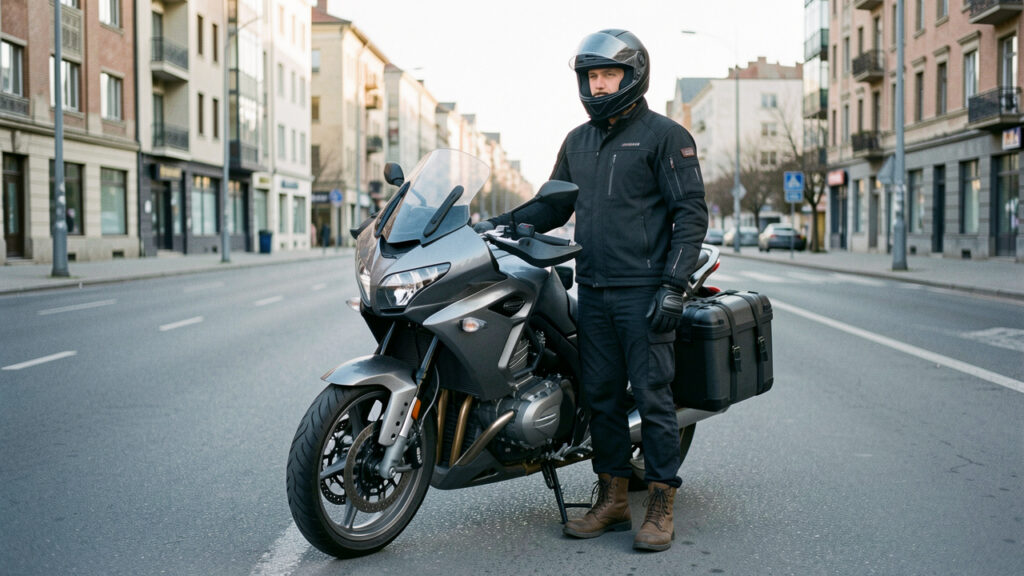 Un homme motard équipé d’un casque, d’une veste de protection et de sacoches se tient près de sa moto, avec une route et une ville en arrière-plan.
