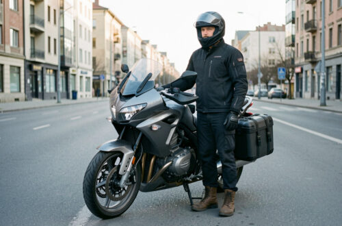 Un homme motard équipé d’un casque, d’une veste de protection et de sacoches se tient près de sa moto, avec une route et une ville en arrière-plan.