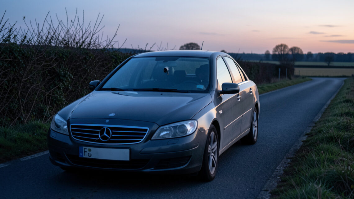 Voiture banalisée sombre circulant au crépuscule sur une route départementale française, avec une caméra radar discrète derrière le pare-brise.