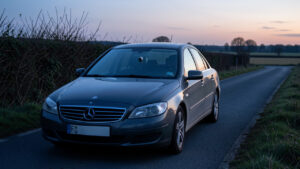 Voiture banalisée sombre circulant au crépuscule sur une route départementale française, avec une caméra radar discrète derrière le pare-brise.